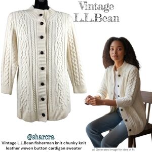 Vintage Women's L.L.Bean Wool Aran Fisherman Cable Knit Button Down Carnigan Lg